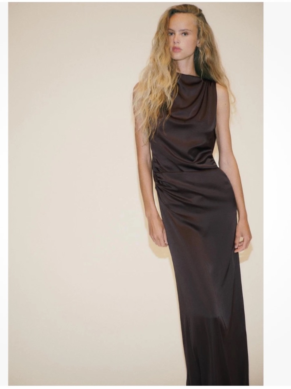 Zara Satin Cowl Neck Long Dress in Dark Brown